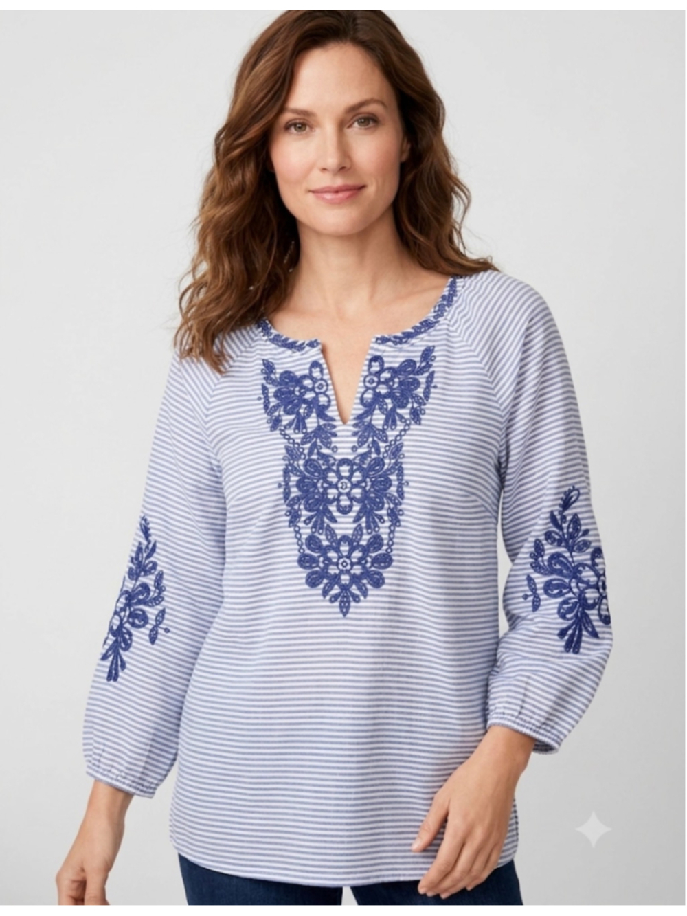 TALBOTS Blue White Striped Embroidered Tunic Top Size L